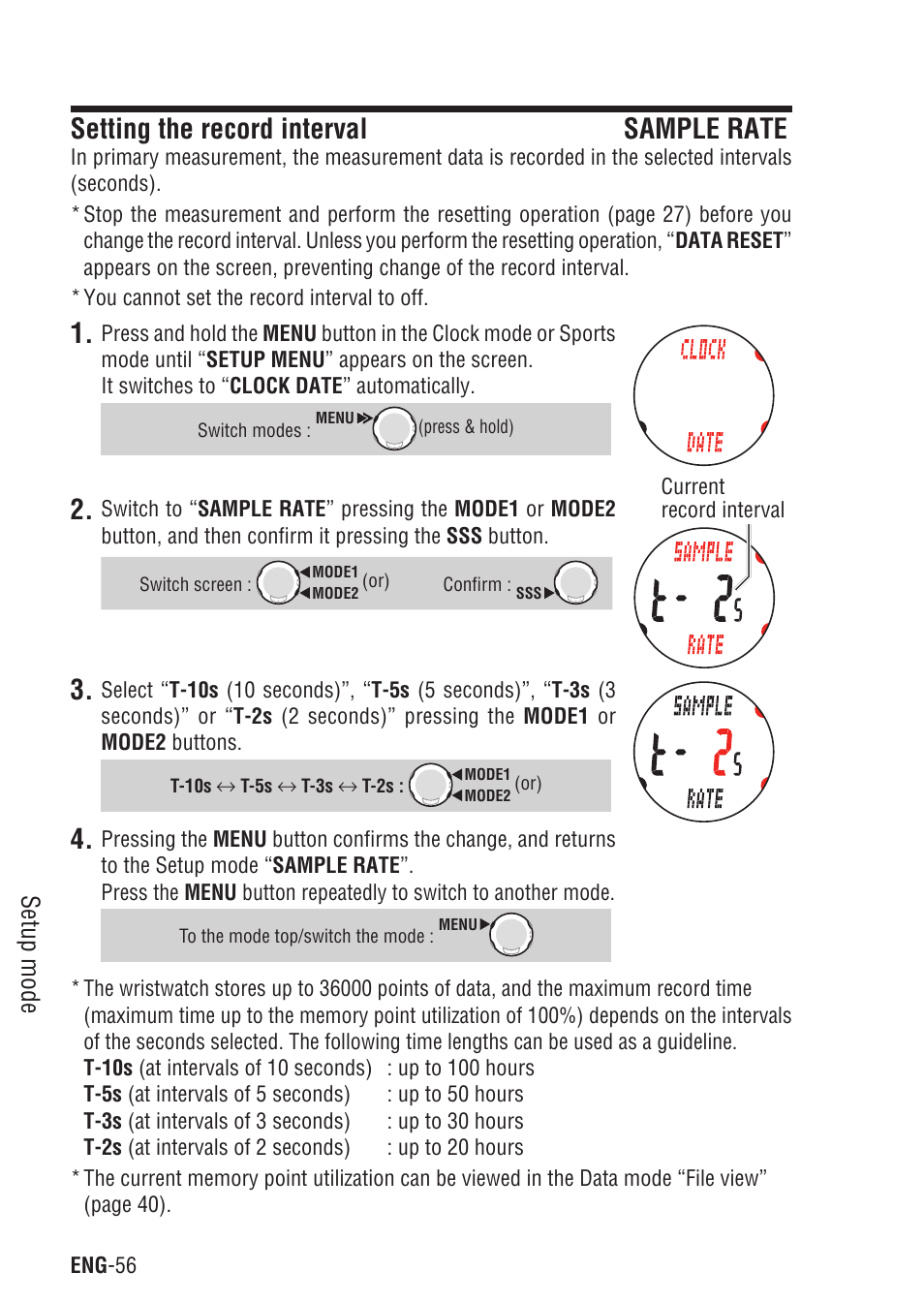 Setting the record interval sample rate, Setting the record interval, Setup mode | CatEye Q3A User Manual | Page 57 / 83