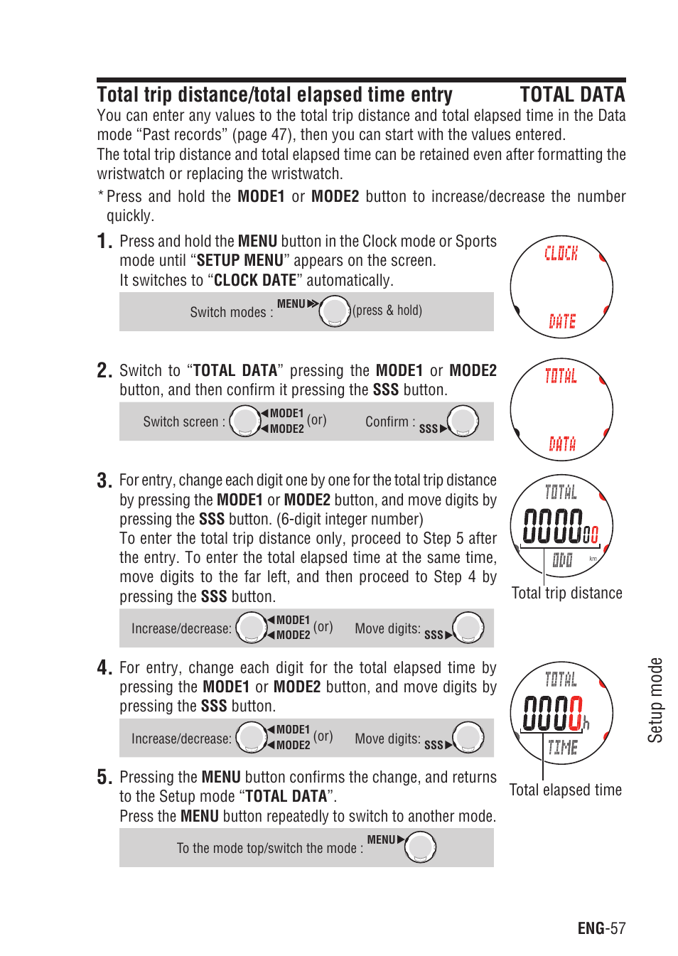 Total trip distance/total, Elapsed time entry, Setup mode | CatEye Q3A User Manual | Page 58 / 83