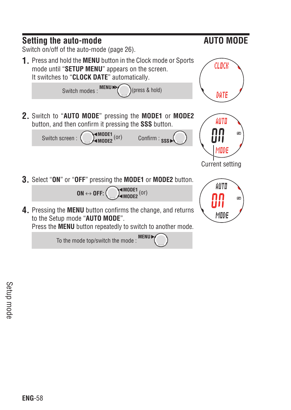 Setting the auto-mode auto mode, Setting the auto-mode, Setup mode | CatEye Q3A User Manual | Page 59 / 83