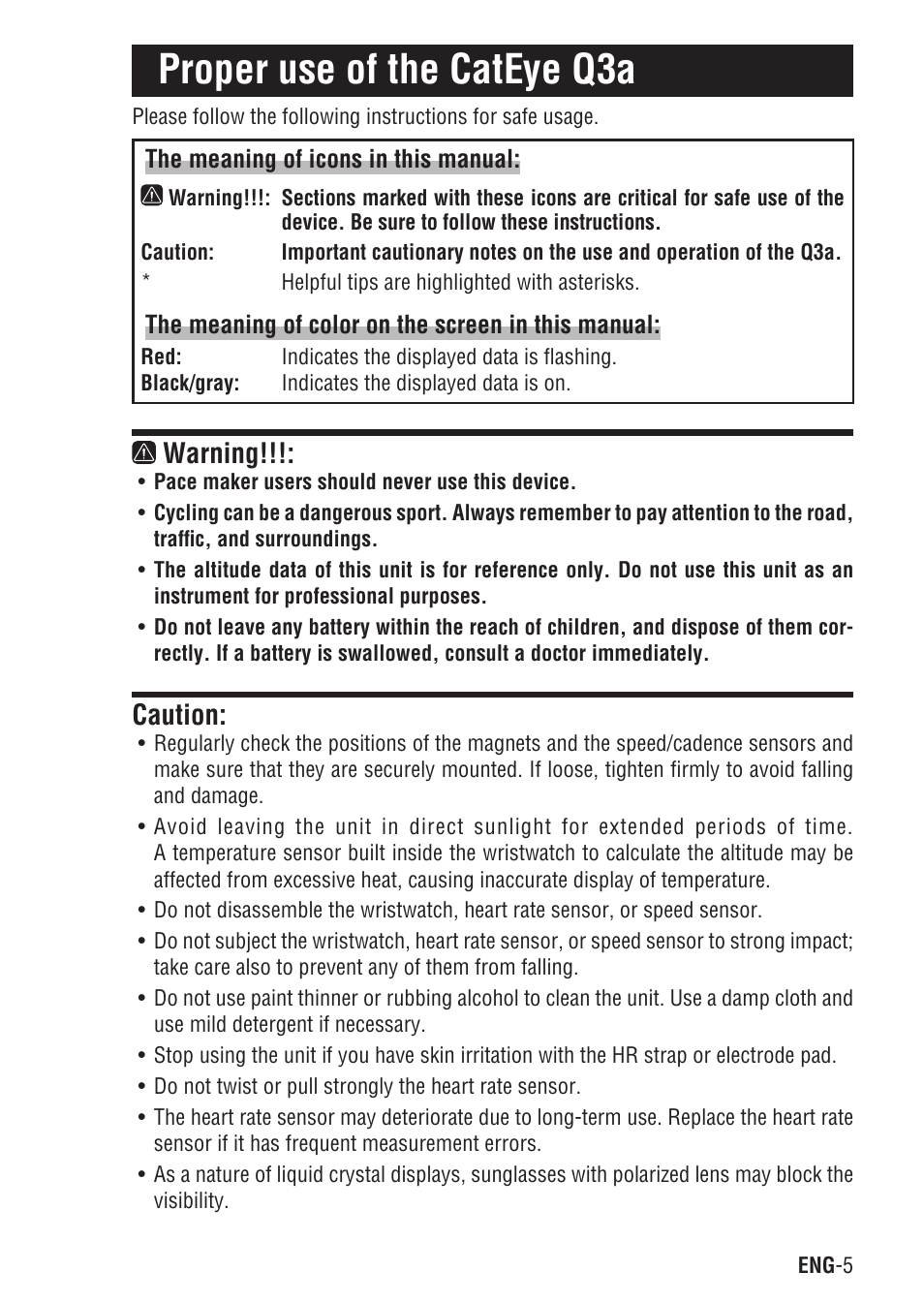 Proper use of the cateye q3a, Warning, Caution | CatEye Q3A User Manual | Page 6 / 83