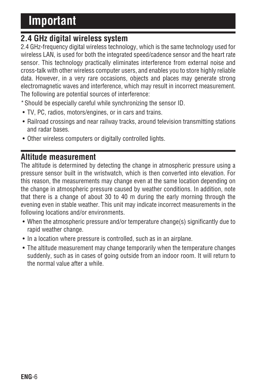 Important, 4 ghz digital wireless system, Altitude measurement | CatEye Q3A User Manual | Page 7 / 83