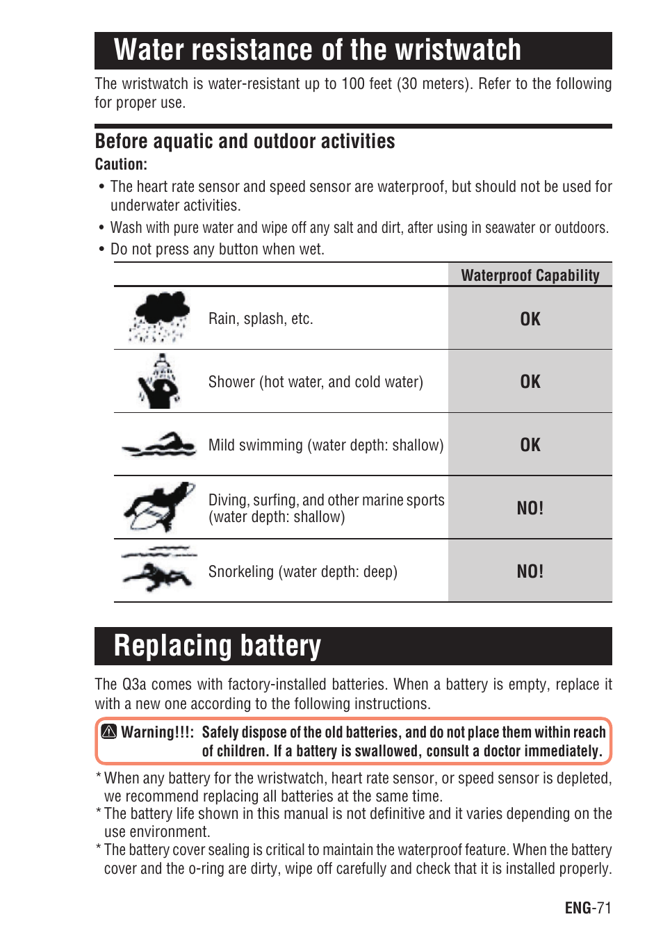 Water resistance of the wristwatch, Before aquatic and outdoor activities, Replacing battery | Water resistance of the, Wristwatch | CatEye Q3A User Manual | Page 72 / 83