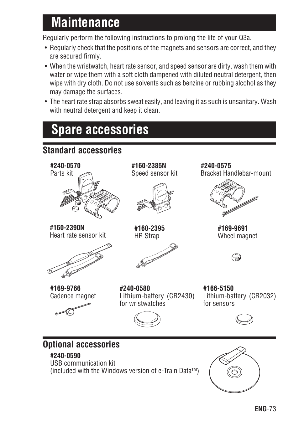 Maintenance, Spare accessories, Maintenance spare accessories | Standard accessories optional accessories | CatEye Q3A User Manual | Page 74 / 83