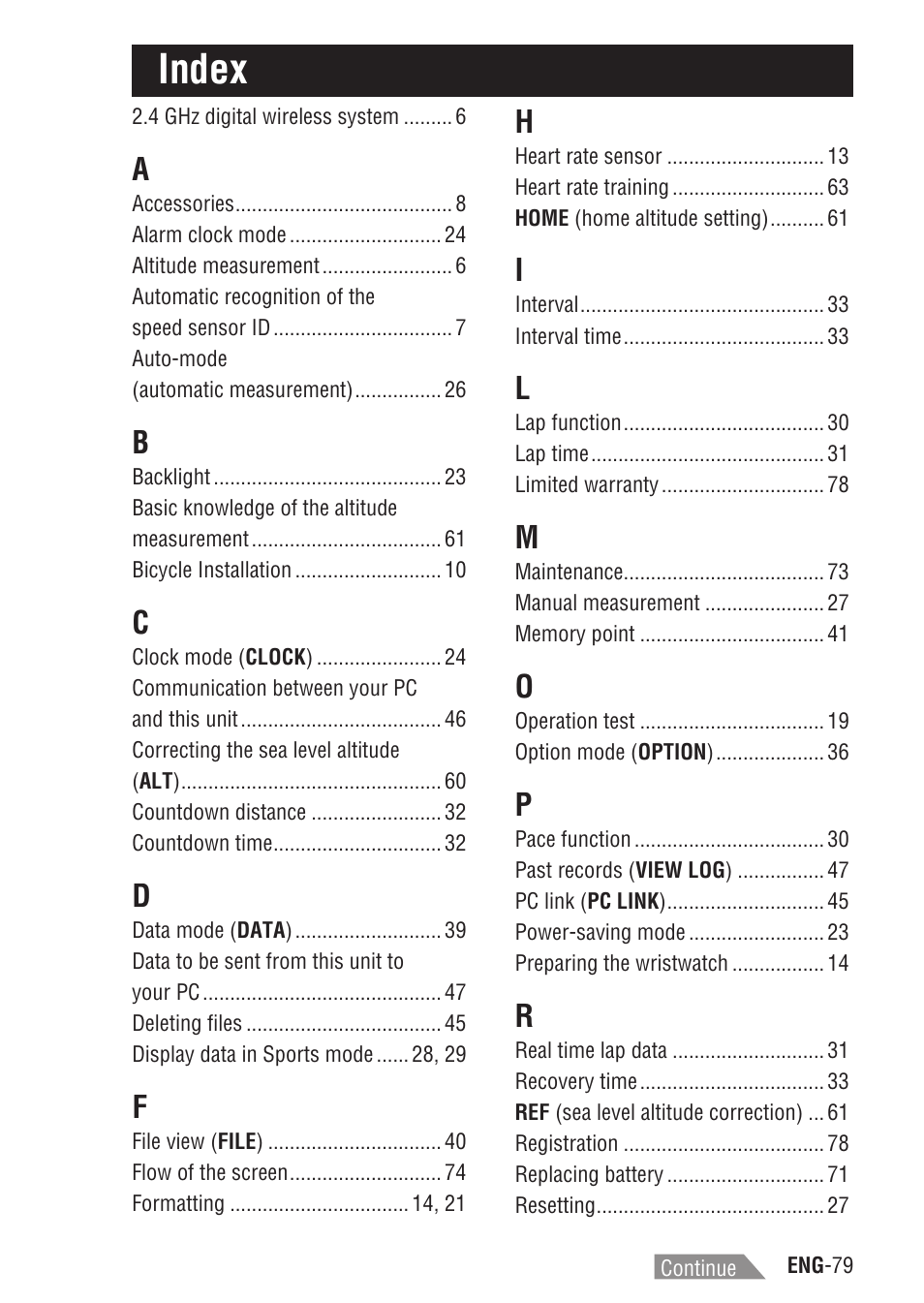 Index | CatEye Q3A User Manual | Page 80 / 83