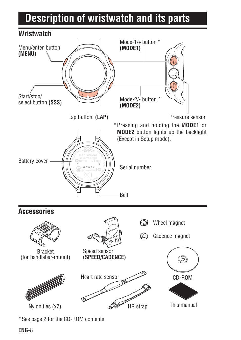 Description of wristwatch and its parts, Wristwatch, Accessories | Wristwatch accessories | CatEye Q3A User Manual | Page 9 / 83