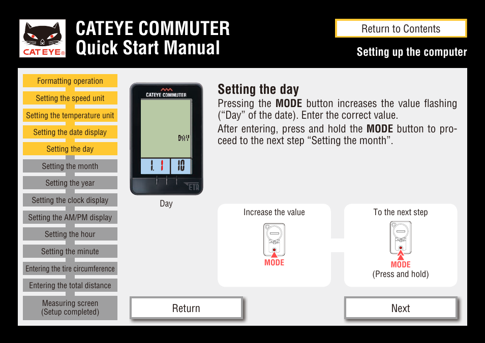 Cateye commuter quick start manual, Setting the day, Setting up the computer | CatEye COMMUTER CC-COM10W User Manual | Page 10 / 24