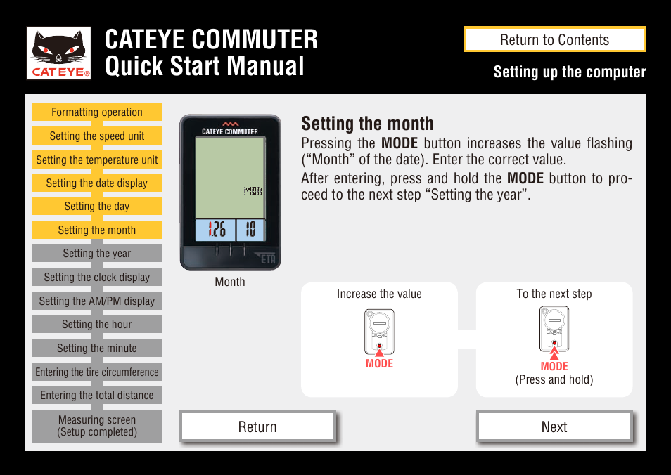 Cateye commuter quick start manual, Setting the month, Setting up the computer | CatEye COMMUTER CC-COM10W User Manual | Page 11 / 24