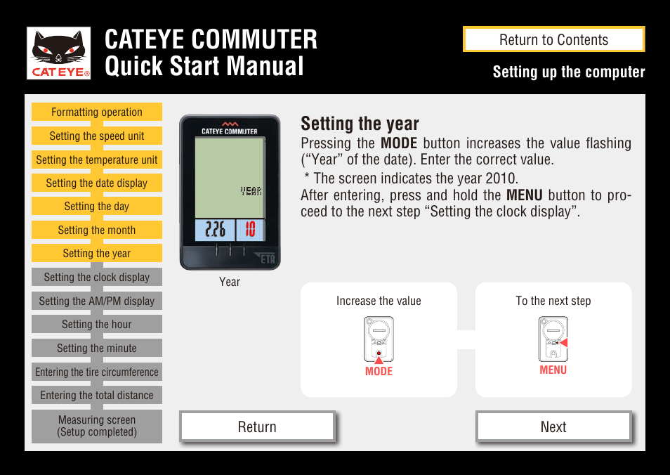 Cateye commuter quick start manual, Setting the year, Setting up the computer | CatEye COMMUTER CC-COM10W User Manual | Page 12 / 24