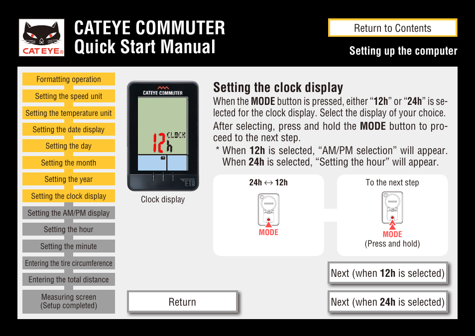 Cateye commuter quick start manual, Setting the clock display, Setting up the computer | CatEye COMMUTER CC-COM10W User Manual | Page 13 / 24