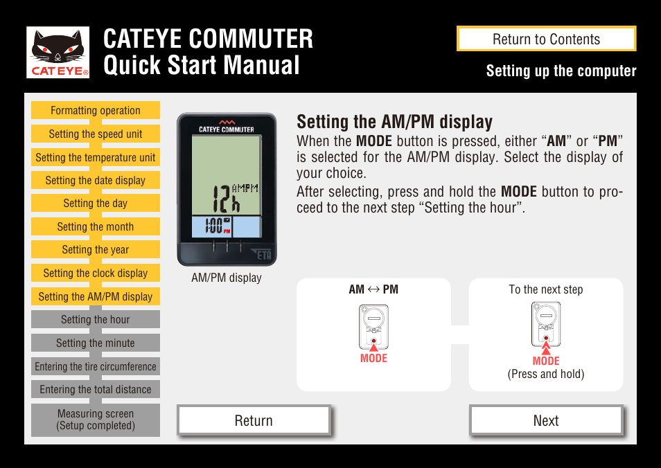 Cateye commuter quick start manual, Setting the am/pm display, Setting up the computer | CatEye COMMUTER CC-COM10W User Manual | Page 14 / 24