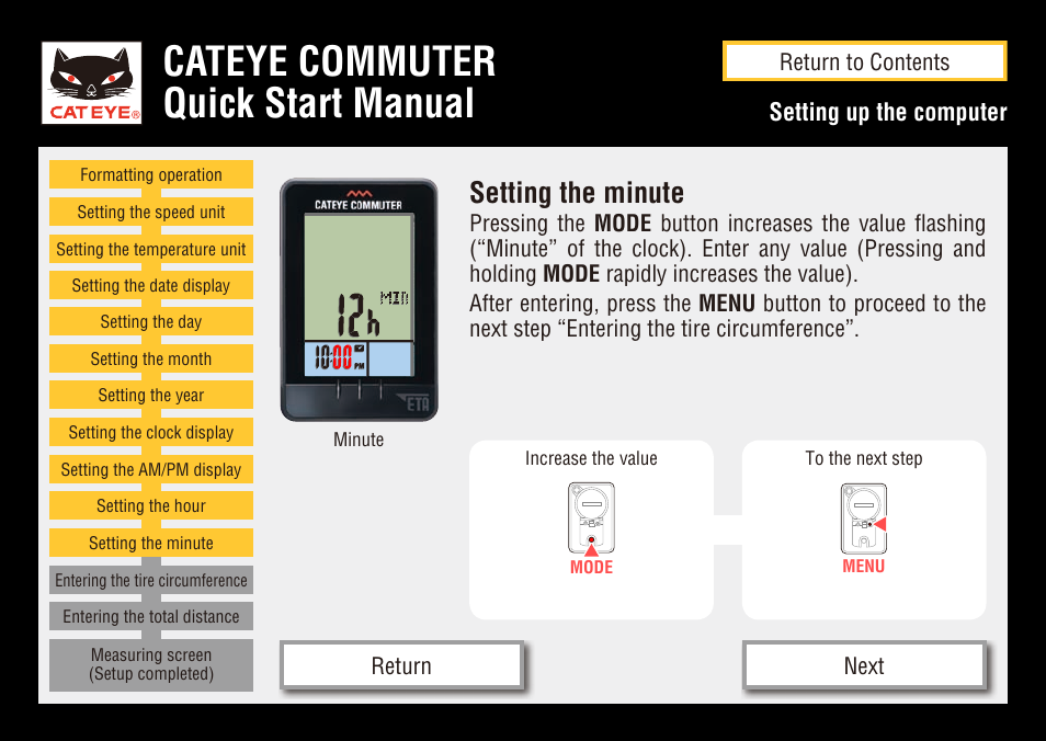 Cateye commuter quick start manual, Setting the minute, Setting up the computer | CatEye COMMUTER CC-COM10W User Manual | Page 16 / 24