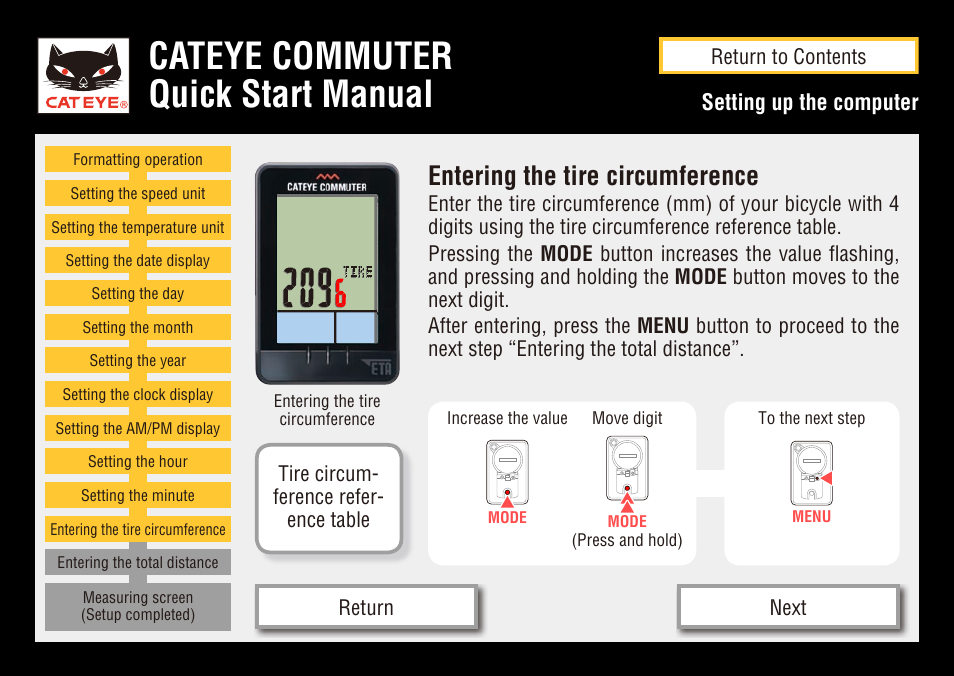 Cateye commuter quick start manual, Entering the tire circumference, Setting up the computer | CatEye COMMUTER CC-COM10W User Manual | Page 19 / 24