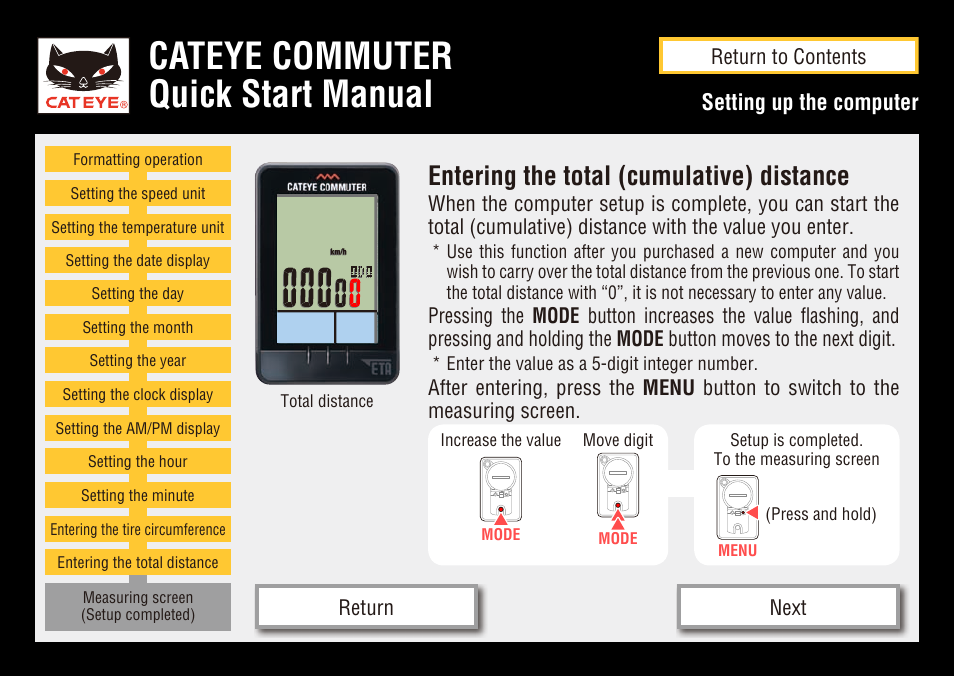 Cateye commuter quick start manual, Entering the total (cumulative) distance, Setting up the computer | CatEye COMMUTER CC-COM10W User Manual | Page 20 / 24