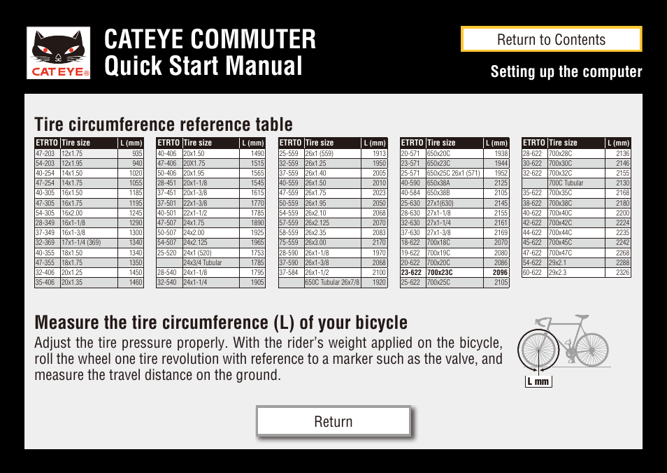 Cateye commuter quick start manual, Measure the tire circumference (l) of your bicycle, Tire circumference reference table | Setting up the computer, Return to contents return | CatEye COMMUTER CC-COM10W User Manual | Page 24 / 24