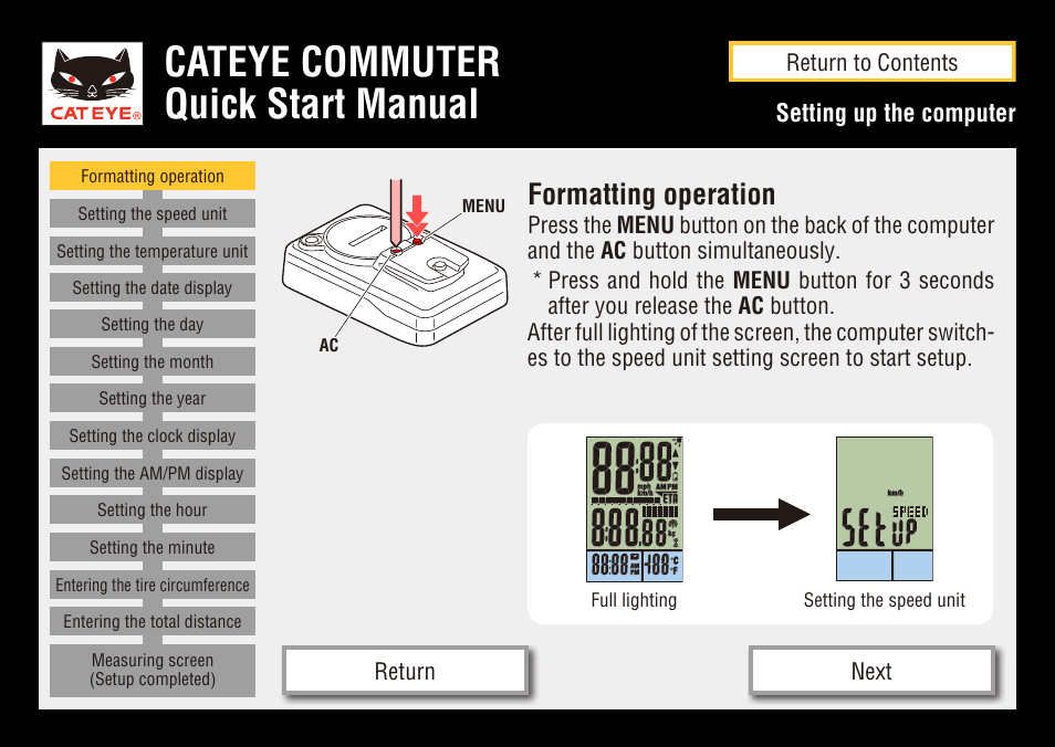 Cateye commuter quick start manual, Formatting operation, Setting up the computer | CatEye COMMUTER CC-COM10W User Manual | Page 6 / 24