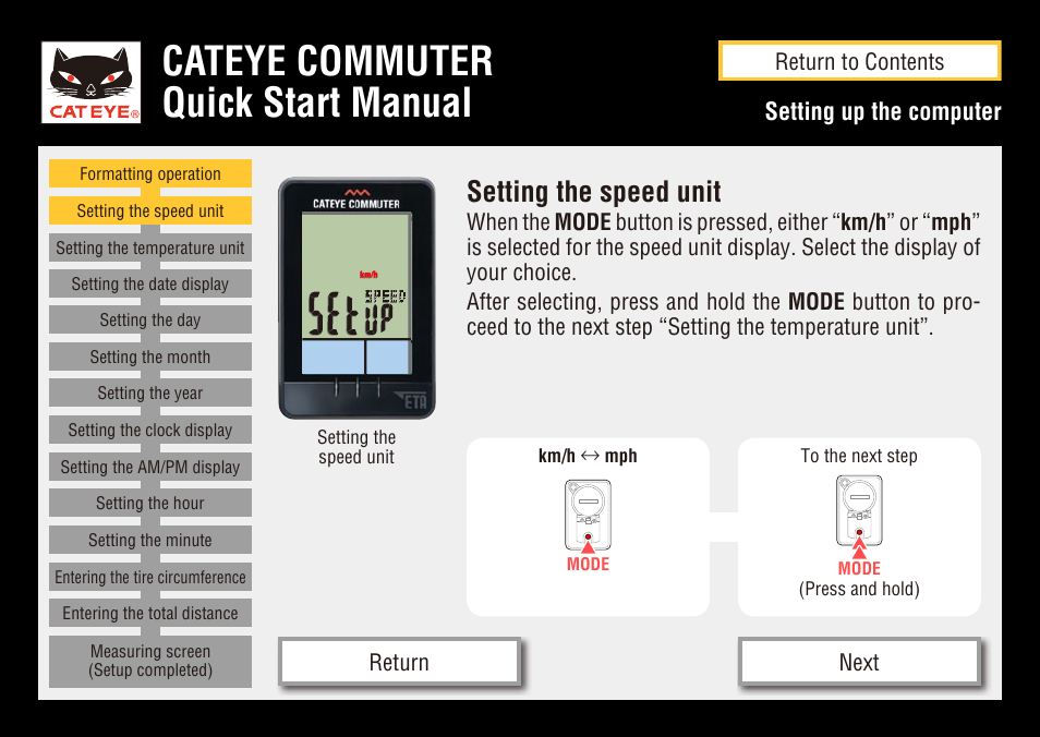 Cateye commuter quick start manual, Setting the speed unit, Setting up the computer | CatEye COMMUTER CC-COM10W User Manual | Page 7 / 24