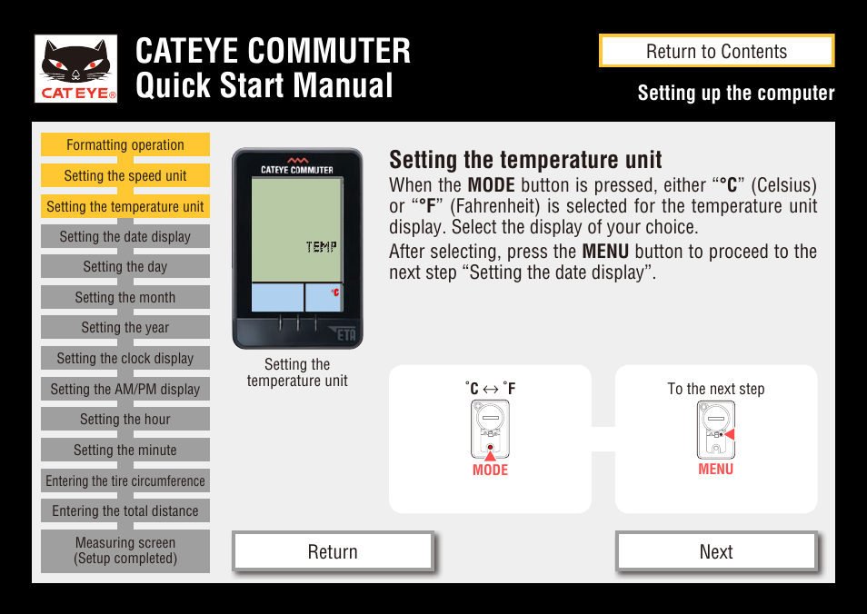 Cateye commuter quick start manual, Setting the temperature unit, Setting up the computer | CatEye COMMUTER CC-COM10W User Manual | Page 8 / 24