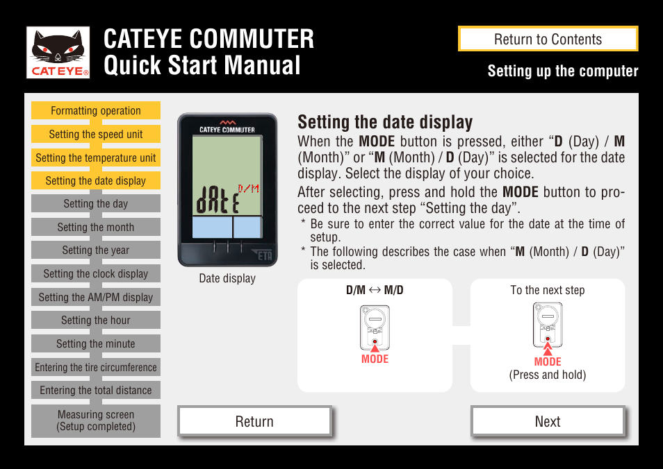 Cateye commuter quick start manual, Setting the date display, Setting up the computer | CatEye COMMUTER CC-COM10W User Manual | Page 9 / 24