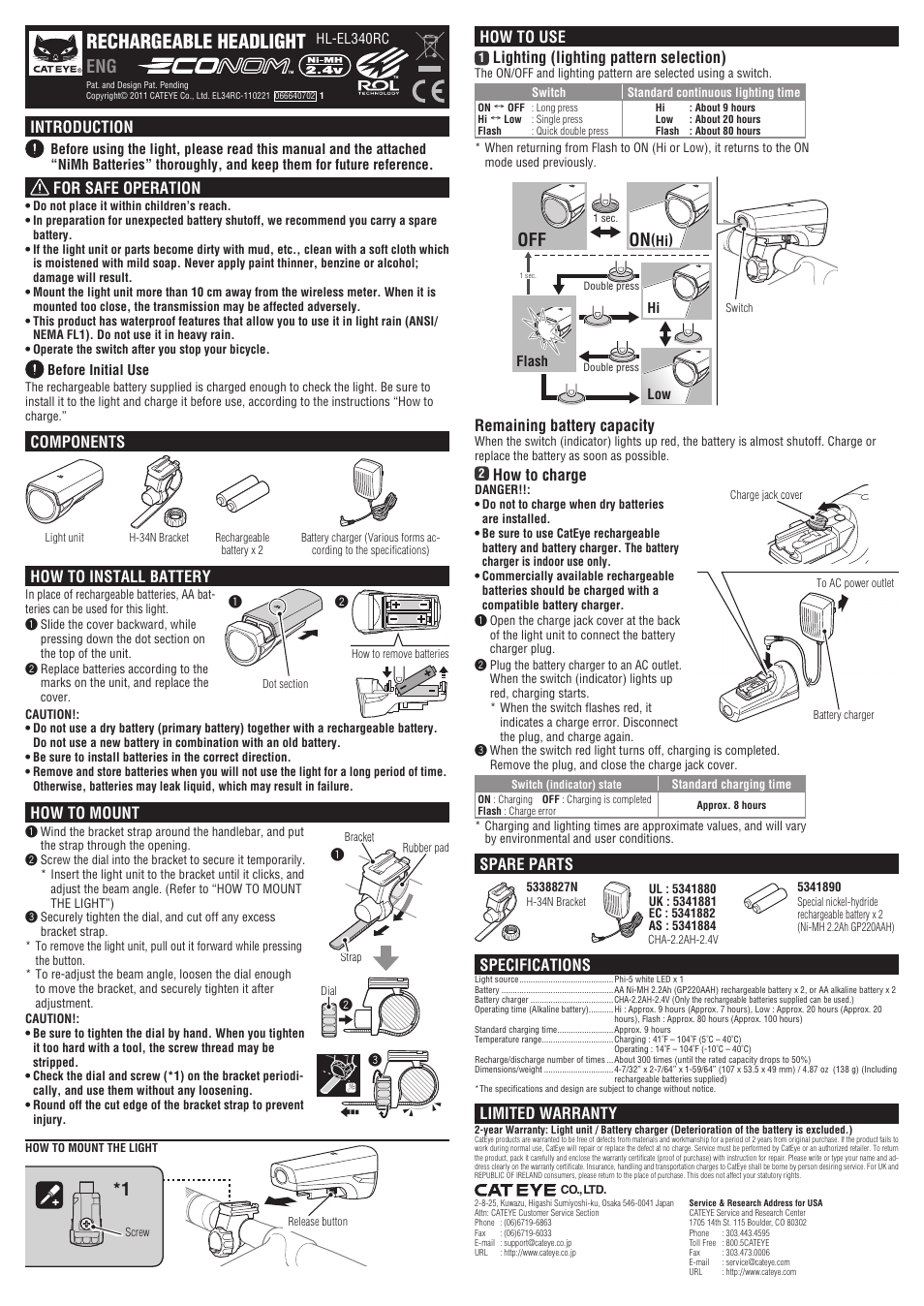 CatEye HL-EL340RC User Manual | 1 page