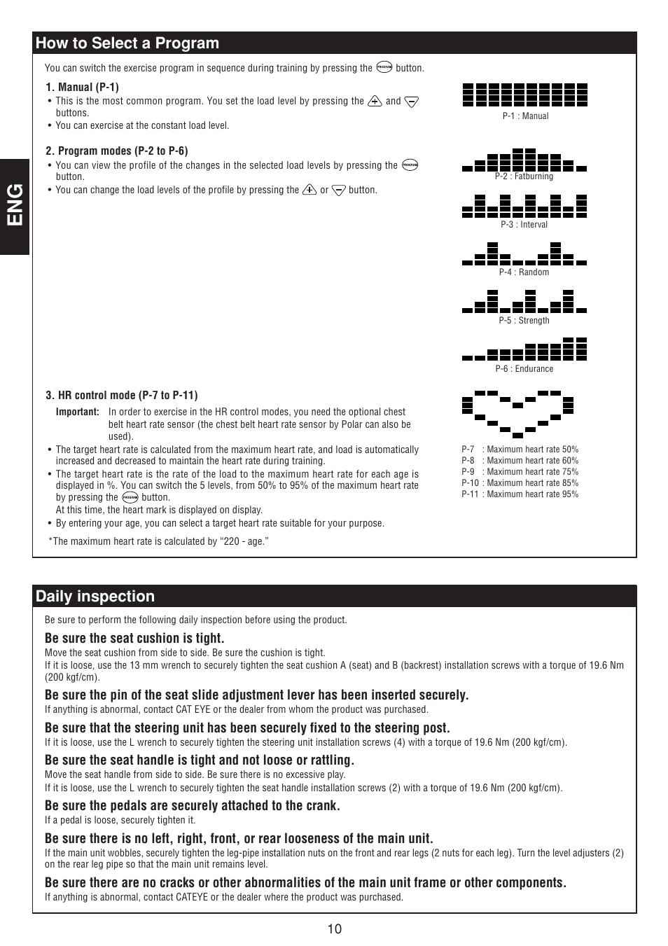 How to select a program, Daily inspection, Be sure the seat cushion is tight | CatEye GAMEBIKE GB-300R User Manual | Page 10 / 24