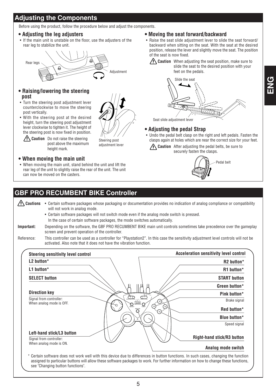 Gbf pro recumbent bike controller, Adjusting the components, Adjusting the pedal strap | Raising/lowering the steering post, Adjusting the leg adjusters, Moving the seat forward/backward, When moving the main unit | CatEye GAMEBIKE GB-300R User Manual | Page 5 / 24