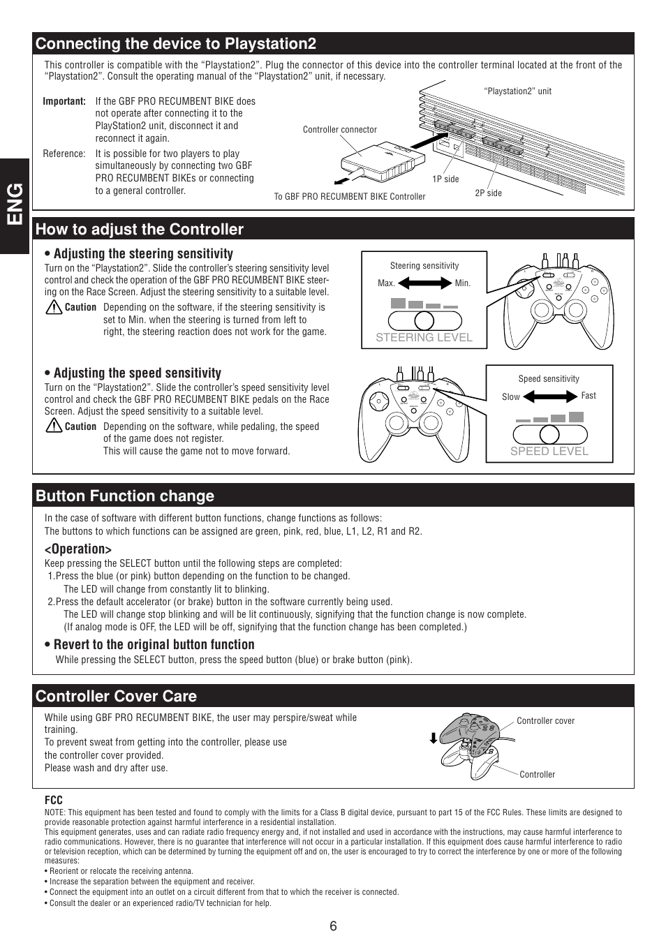 Connecting the device to playstation2, Controller cover care, Button function change | How to adjust the controller, Operation, Revert to the original button function, Adjusting the speed sensitivity, Adjusting the steering sensitivity, Steering level, Speed level | CatEye GAMEBIKE GB-300R User Manual | Page 6 / 24