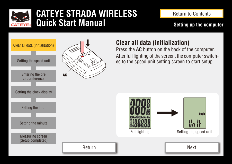 Cateye strada wireless quick start manual, Clear all data (initialization) | CatEye CC-RD300W User Manual | Page 6 / 15