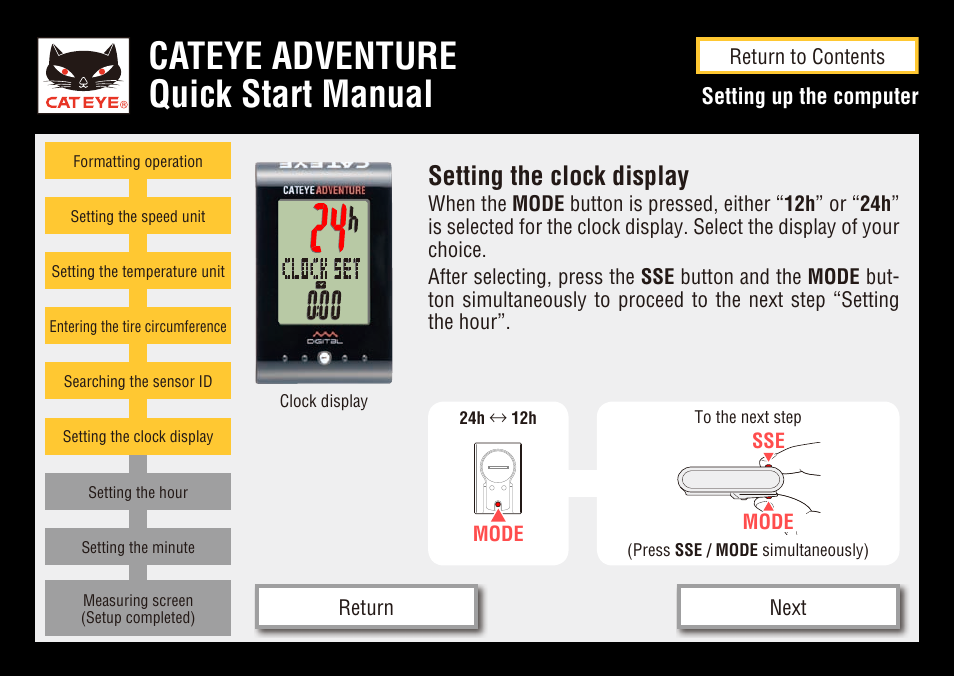Cateye adventure quick start manual, Setting the clock display | CatEye CC-AT200W User Manual | Page 12 / 31