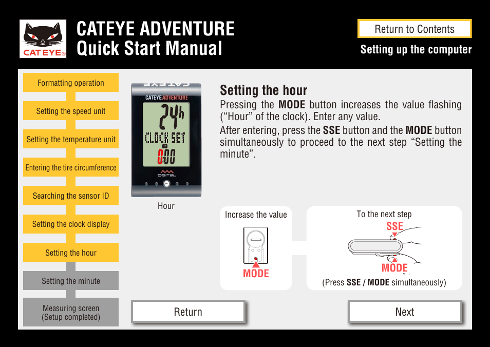 Cateye adventure quick start manual, Setting the hour | CatEye CC-AT200W User Manual | Page 13 / 31