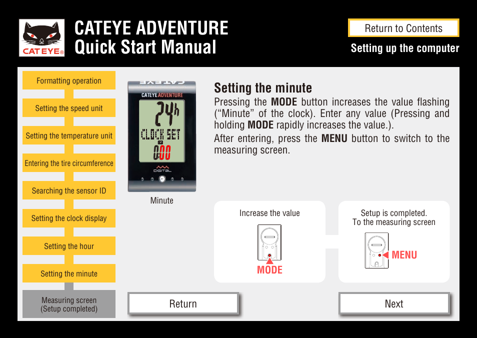 Cateye adventure quick start manual, Setting the minute | CatEye CC-AT200W User Manual | Page 14 / 31