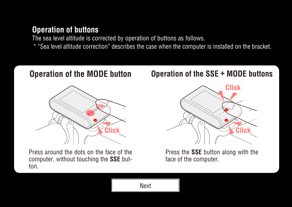 Operation of the mode button, Operation of buttons, Operation of the sse + mode buttons | CatEye CC-AT200W User Manual | Page 16 / 31