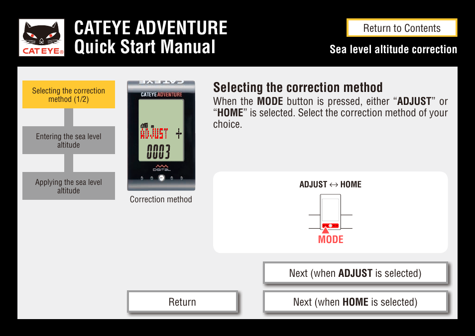 Cateye adventure quick start manual, Selecting the correction method | CatEye CC-AT200W User Manual | Page 19 / 31