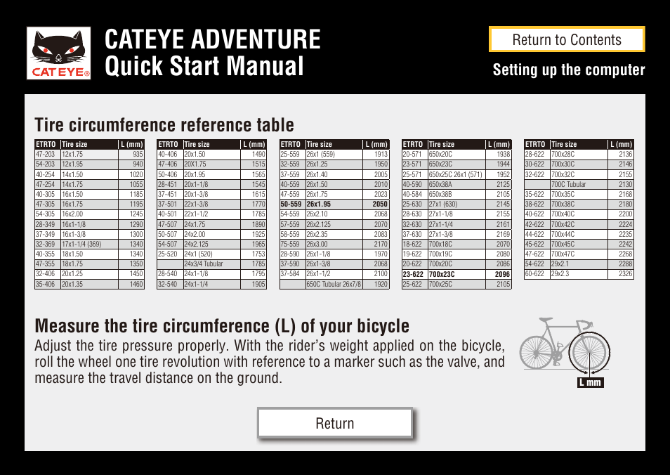 Cateye adventure quick start manual, Measure the tire circumference (l) of your bicycle, Tire circumference reference table | Setting up the computer, Return to contents return | CatEye CC-AT200W User Manual | Page 31 / 31
