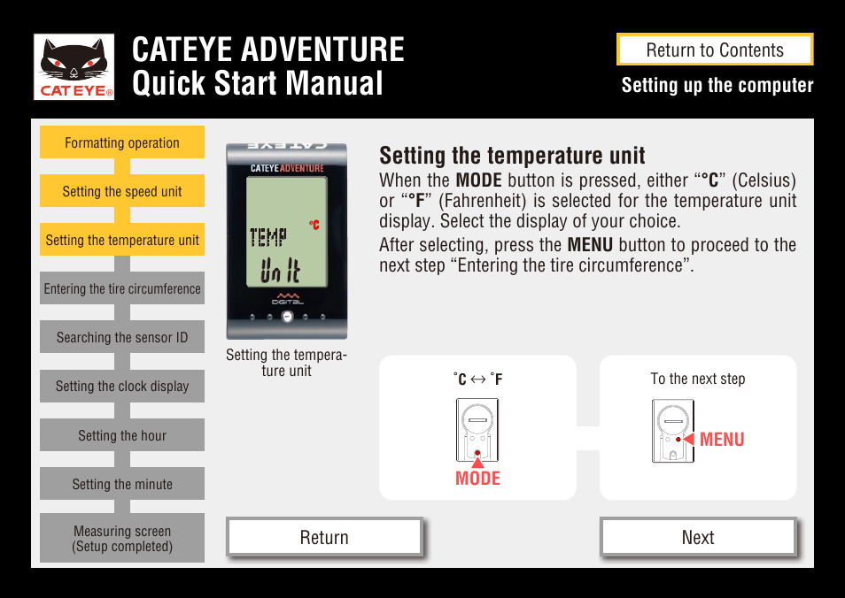 Cateye adventure quick start manual, Setting the temperature unit | CatEye CC-AT200W User Manual | Page 8 / 31