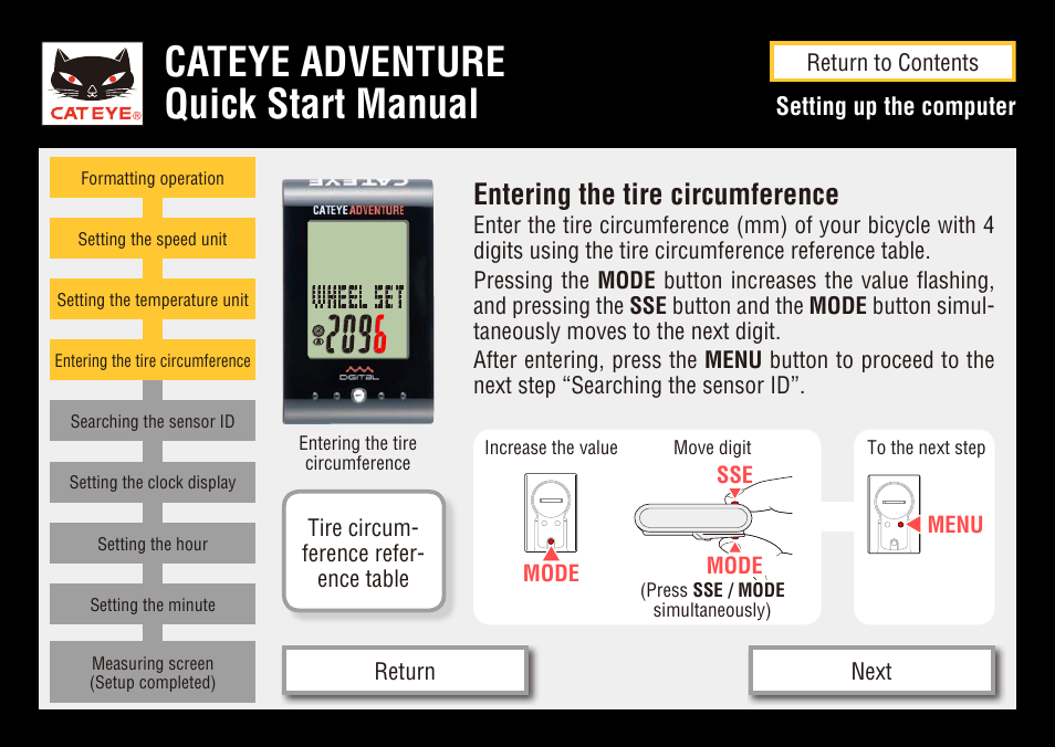 Cateye adventure quick start manual, Entering the tire circumference | CatEye CC-AT200W User Manual | Page 9 / 31