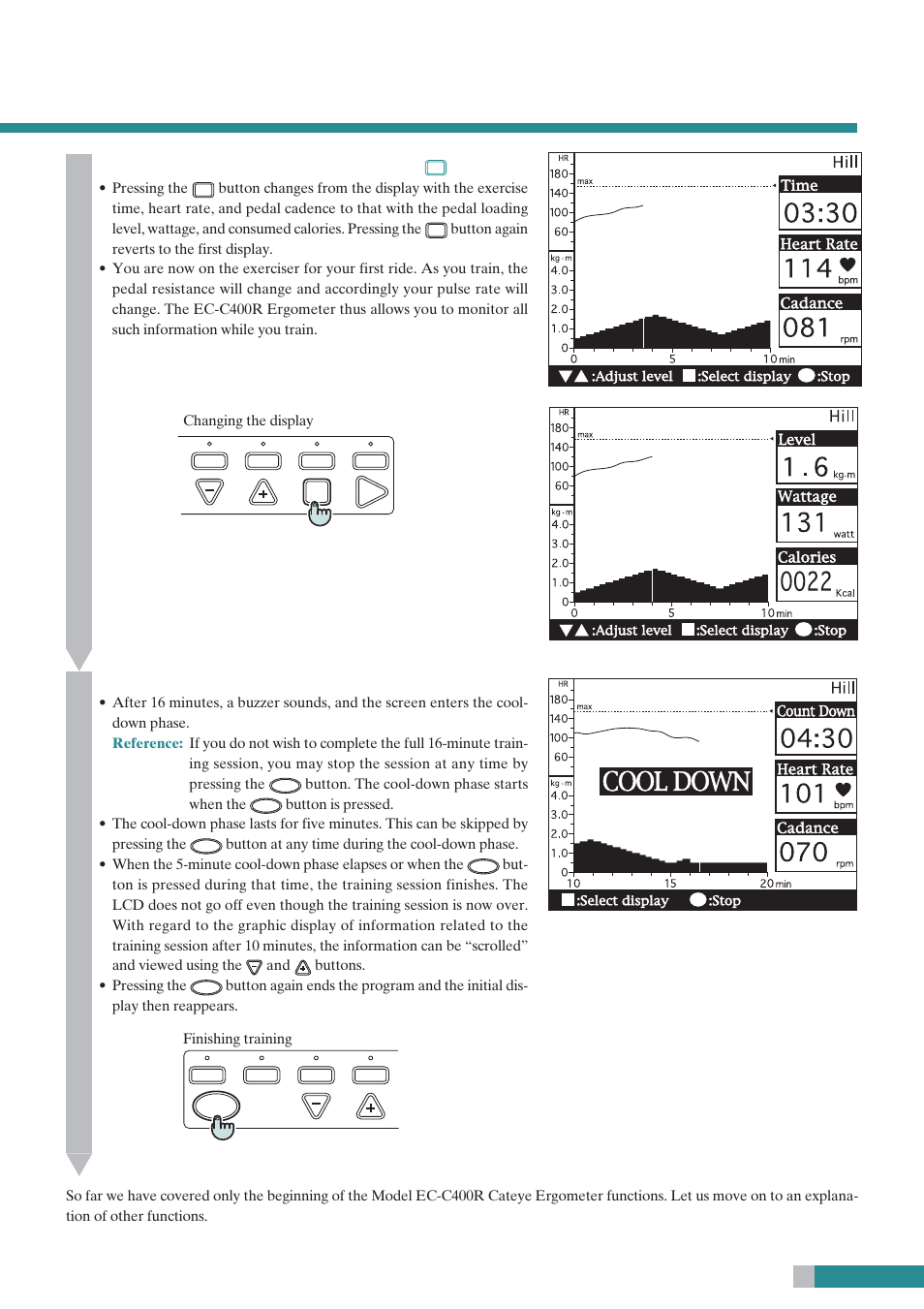 Bring up the calories display by pressing, Button, Finish your training | CatEye EC-C400R User Manual | Page 15 / 52