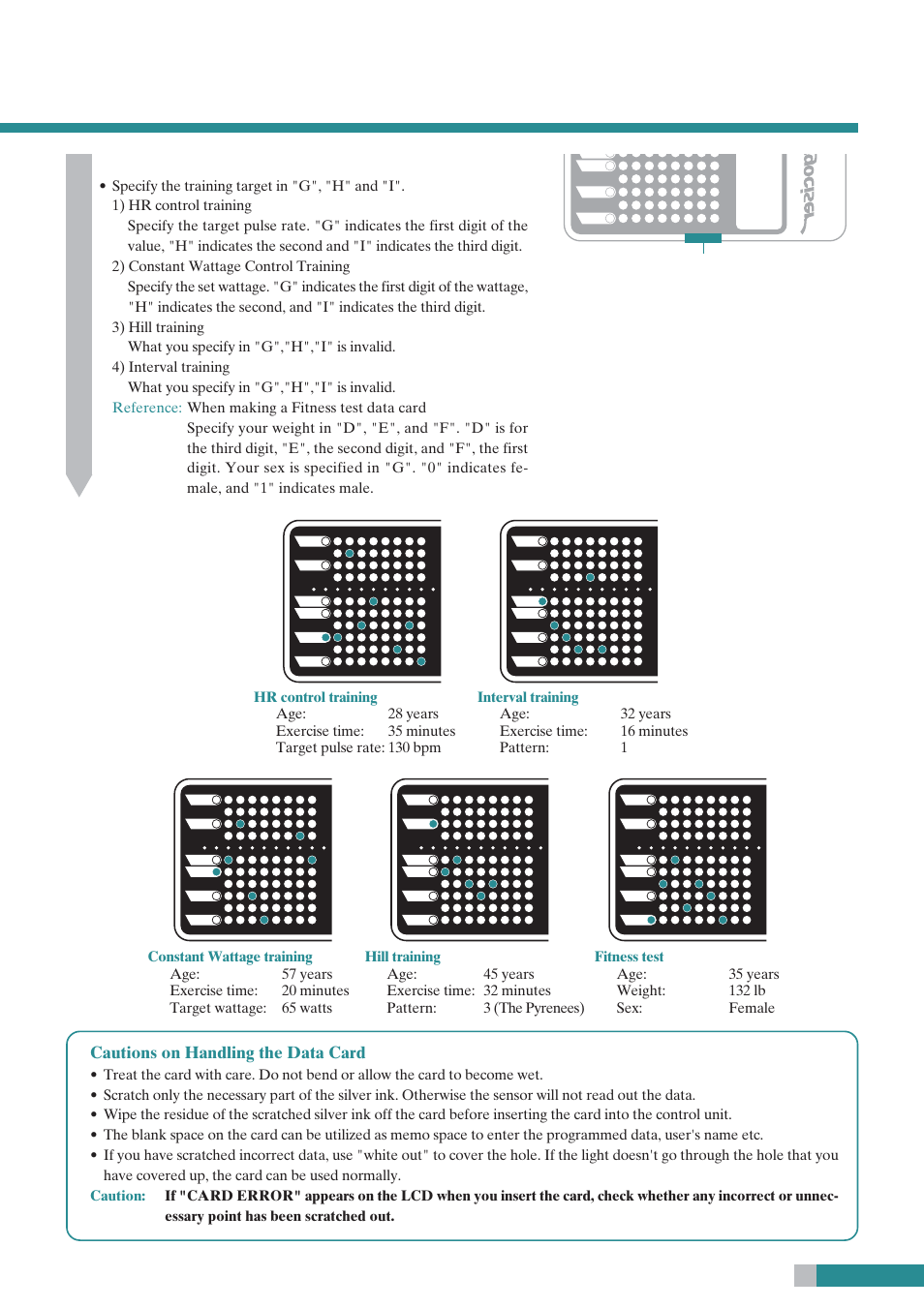 Cautions on handling the data card, Specify training target, Sample data cards | CatEye EC-C400R User Manual | Page 43 / 52