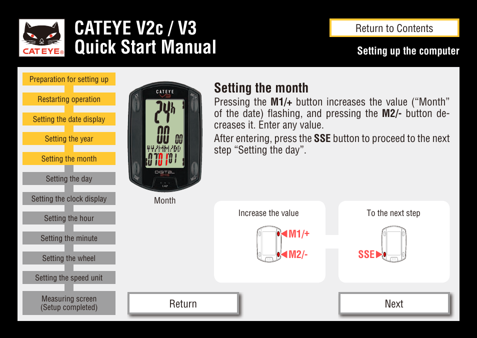 Cateye v2c / v3 quick start manual, Setting the month | CatEye CC-TR200DW User Manual | Page 10 / 24