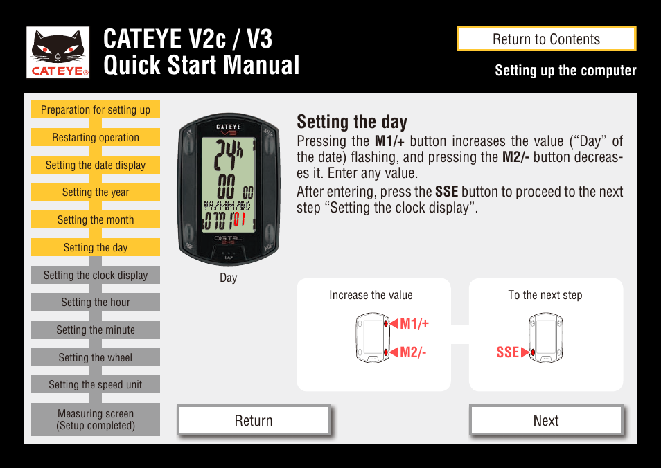 Cateye v2c / v3 quick start manual, Setting the day | CatEye CC-TR200DW User Manual | Page 11 / 24