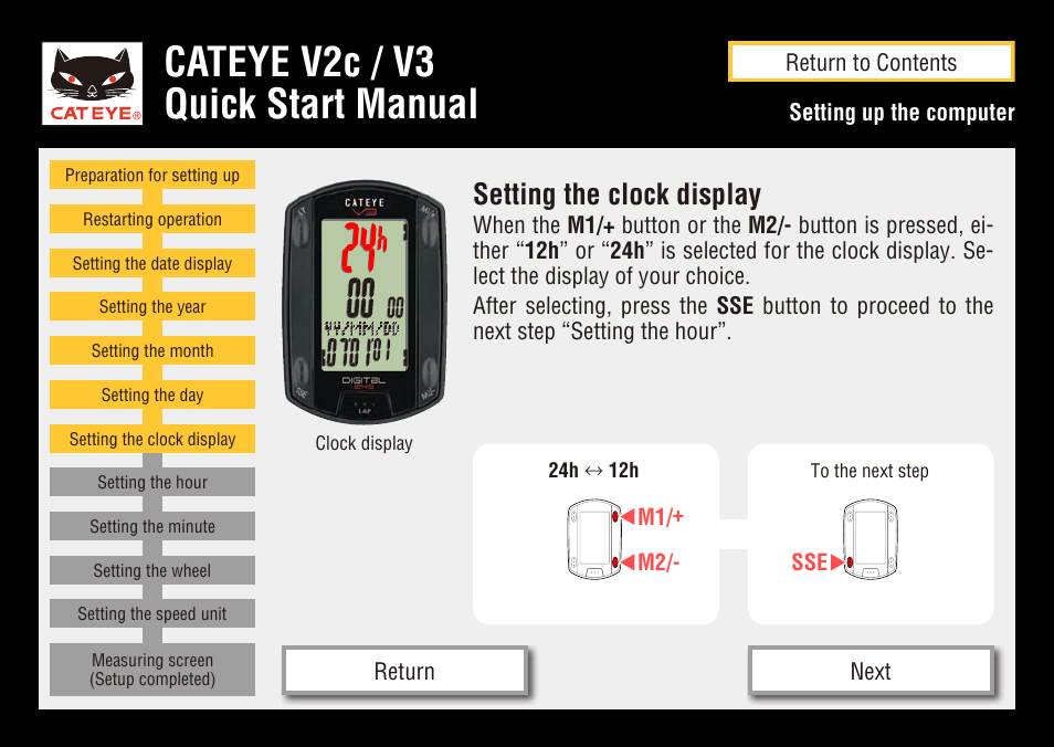 Cateye v2c / v3 quick start manual, Setting the clock display | CatEye CC-TR200DW User Manual | Page 12 / 24