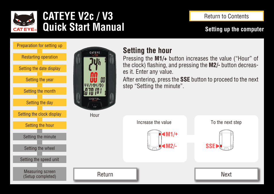 Cateye v2c / v3 quick start manual, Setting the hour | CatEye CC-TR200DW User Manual | Page 13 / 24