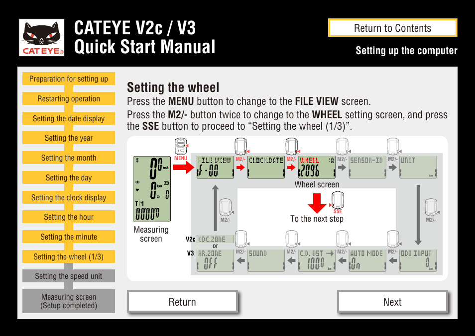 Cateye v2c / v3 quick start manual, Setting the wheel, Setting up the computer | Return to contents next return | CatEye CC-TR200DW User Manual | Page 15 / 24