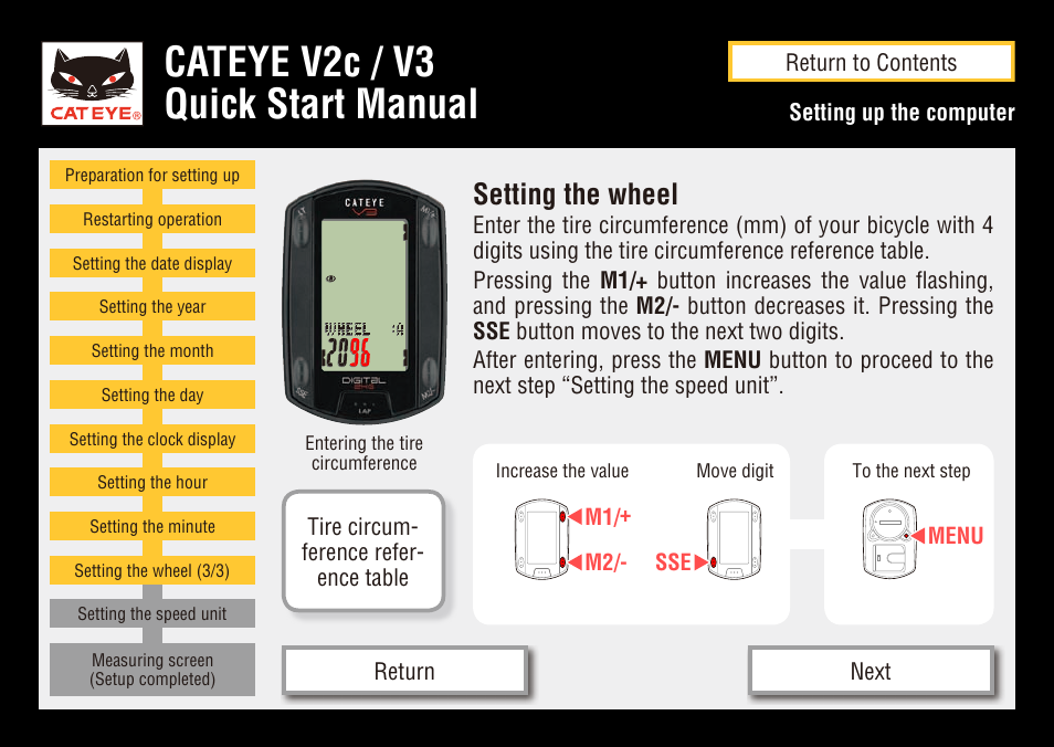 Cateye v2c / v3 quick start manual, Setting the wheel | CatEye CC-TR200DW User Manual | Page 17 / 24
