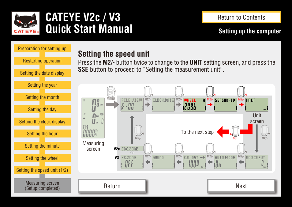 Cateye v2c / v3 quick start manual, Setting the speed unit, Setting up the computer | Return to contents next return | CatEye CC-TR200DW User Manual | Page 18 / 24