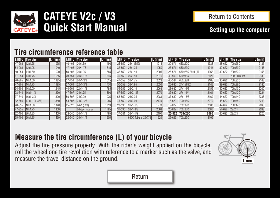 Cateye v2c / v3 quick start manual, Measure the tire circumference (l) of your bicycle, Tire circumference reference table | Setting up the computer, Return to contents return | CatEye CC-TR200DW User Manual | Page 24 / 24