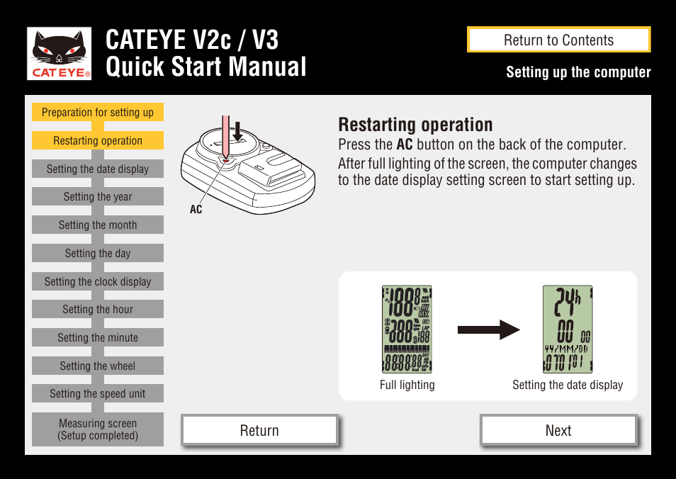 Cateye v2c / v3 quick start manual, Restarting operation | CatEye CC-TR200DW User Manual | Page 7 / 24