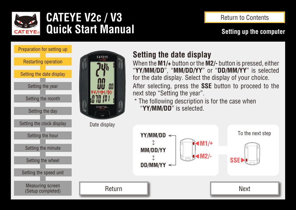 Cateye v2c / v3 quick start manual, Setting the date display | CatEye CC-TR200DW User Manual | Page 8 / 24
