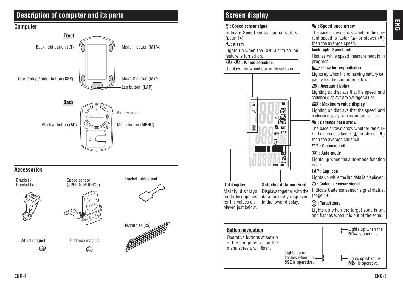 Eng screen display, Description of computer and its parts | CatEye CC-TR200DW (V2c) User Manual | Page 3 / 21