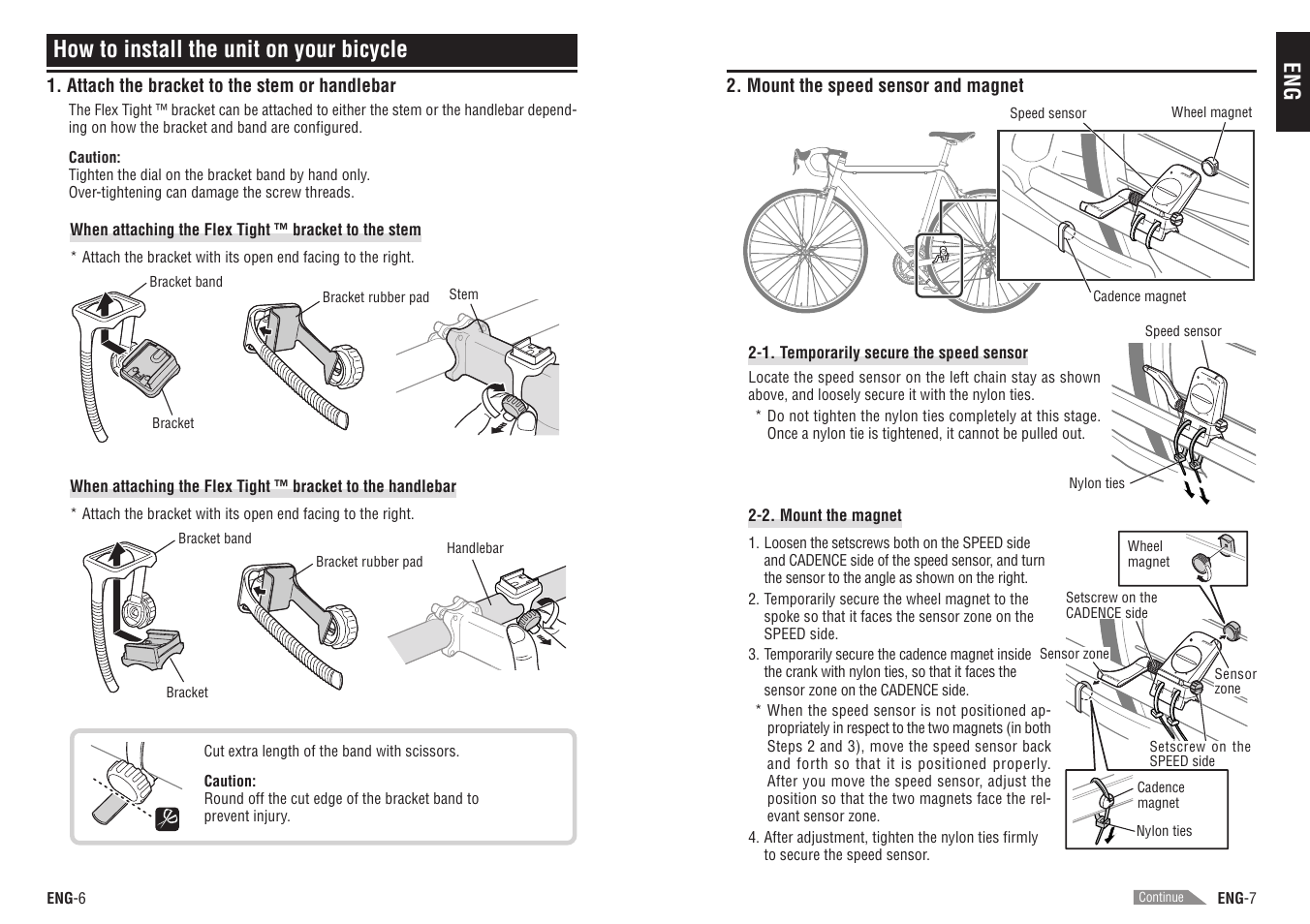 How to install the unit on your bicycle, Attach the bracket to the stem or handlebar, Mount the speed sensor and magnet | CatEye CC-TR200DW (V2c) User Manual | Page 4 / 21