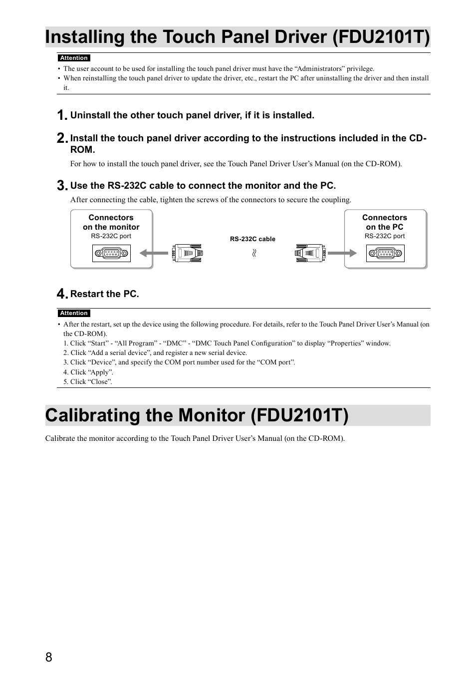 Installing the touch panel driver (fdu2101t), Calibrating the monitor (fdu2101t) | Eizo DuraVision FDU2101 / FDU2101T 取扱説明書 User Manual | Page 20 / 31